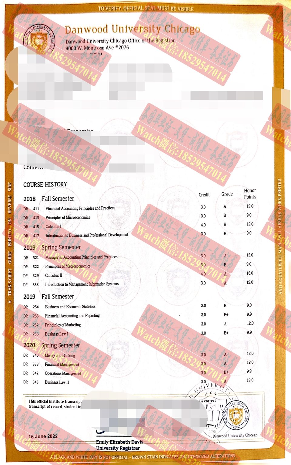 一比一原版芝加哥丹伍德大学成绩单文凭